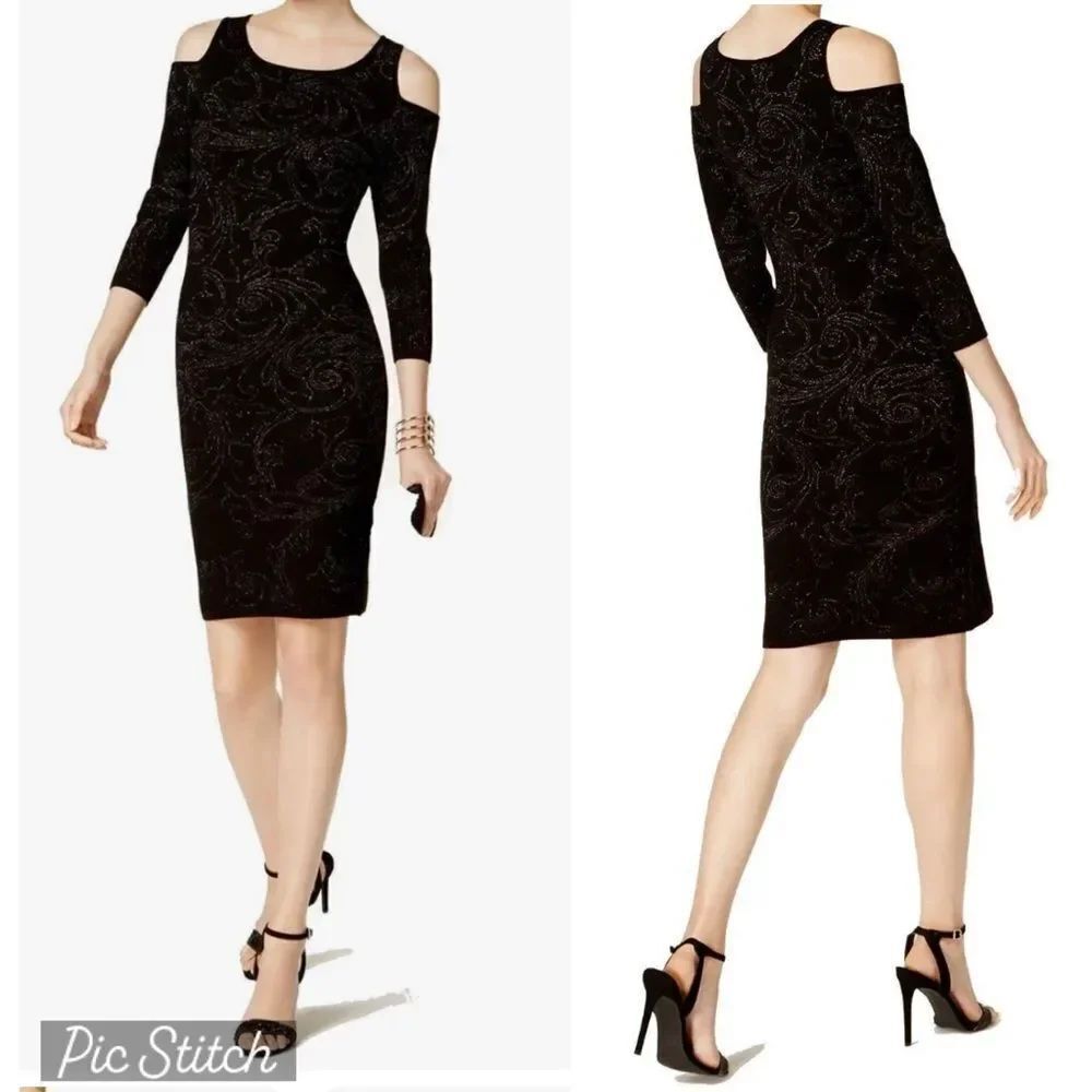 Taylor Wm’s Sz Med Black GunMetallic Shimmer Cold-Shoulder Sweater Dress